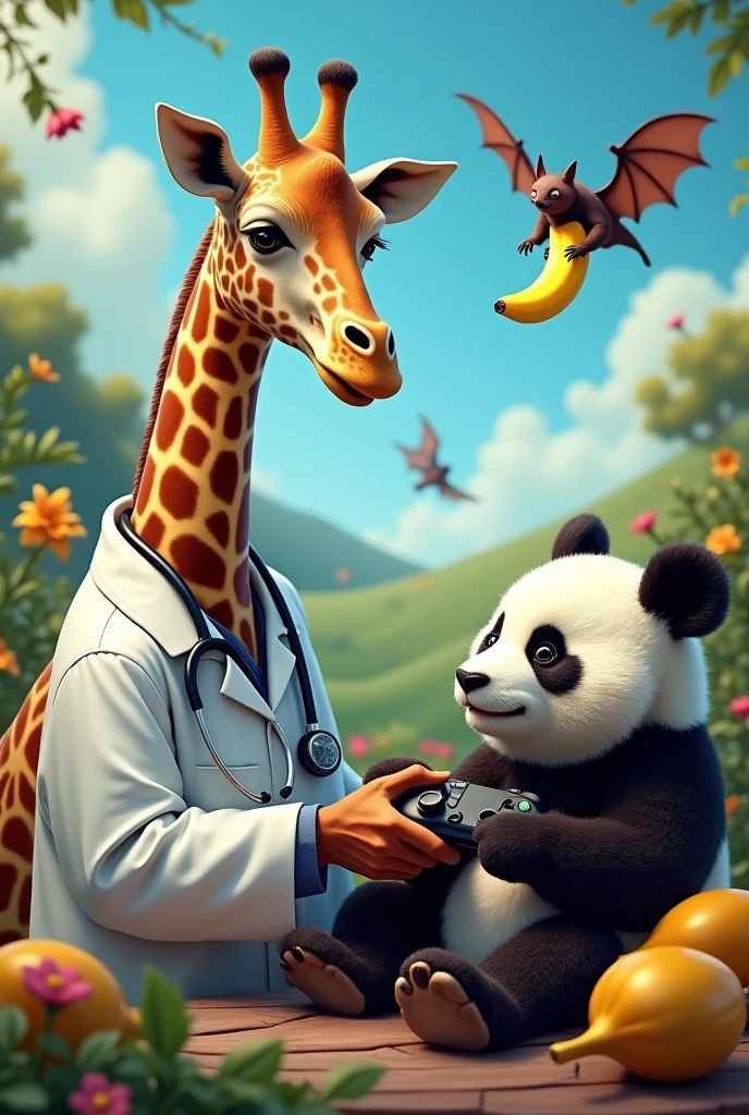 Giraffe doctor on top of a panda , who is playing call of duty and a bat catching banana