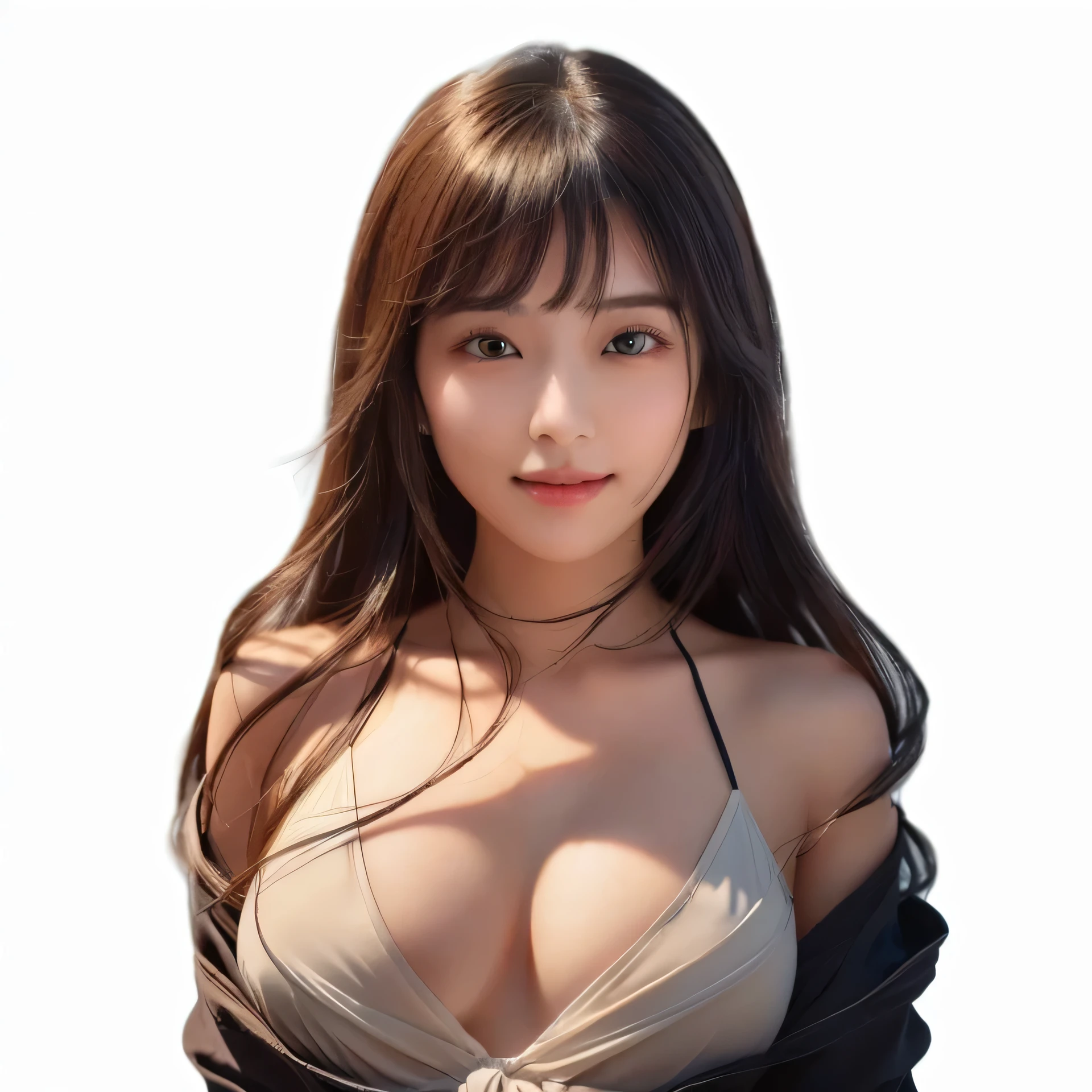 Beautiful double eyelids、Natural makeup、A 25-year-old Japanese woman with large breasts poses for a photo,Avoid casting shadows by shining light directly in front of your face, Photorealistic Rendering, A slightly smiling expression、Portrait、Wearing a white dress