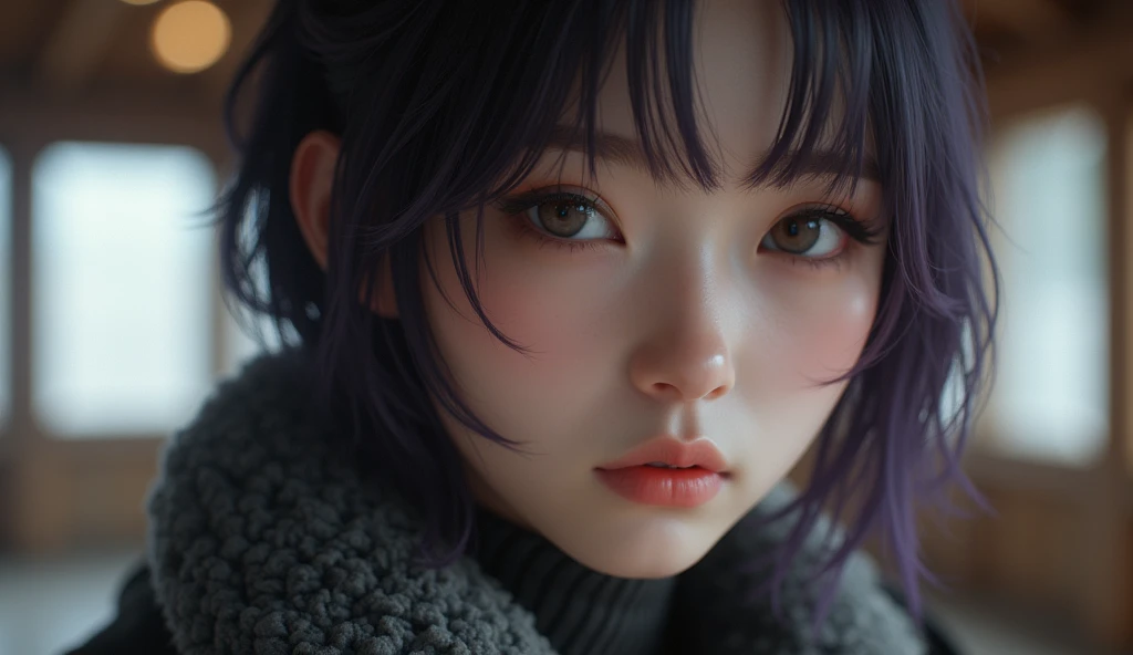 ,((Perfect anatomical structure:1.2,Practical:1.3,RAW photos:1.3,masterpiece、best quality、Ultra - high resolution、high resolution、Extremely detailed CG、8K)),Cowboy shooting,1 female,Solitary,18-year-old beauty, Japanese、((Beautiful and delicate face and eyes:1.2,Beautiful big eyes:1.2)),Dark purple hair,Short Bob Hairstyle,Bangs,Medium chest,slim body,Small head:1.3,Skinny,(Oily skin,Radiant Skin,Radiant Skin),Taisho Steampunk Fashion、mini skirt、barefoot、Combat boots,Soldier、Taisho Punk、