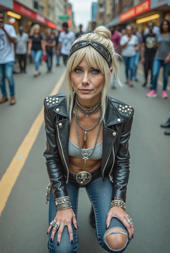 russian old milf woman, blonde platinum hair (beehive top bun) and oversized square sunglasses as headband), with very light blue eyes, extremely pale. Wearing studded cropped black moto jacket (skull embroidered on the sleeve), dark grey embroidered push up bra, dark skinny low rise leopard print leggings  . Lots of thick wide studded  bracelets, chain collars and big rings. Tacky wide studded leather belt with big eagle oval buckle. Long earrings with chains. Kneeling, craving for the ice cream of the photographer. Hands down, showing off bracelets and rings. Looking at the camera, Toned abdominals, thin neck, slim legs and thin arms. Narrow hips. Crowded street of Nairobi 