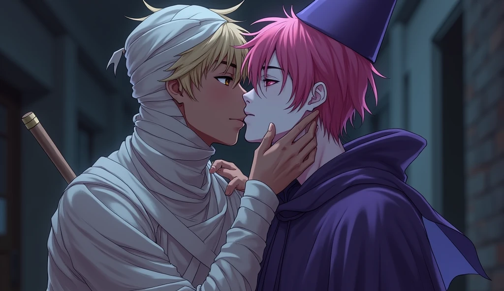 Two boys kissing on Halloween. The oldest boy is dressed as a mummy, but he is a little displaced and you can see some parts of his body. He is a black boy with blond hair and brown eyes.. your boyfriend, who is hugging and kissing him, is dressed as a wizard. He has white skin and his hair is dyed pink.. He is wearing contact lenses that make his eyes look pink.. This image has to be from a hot yaoi anime