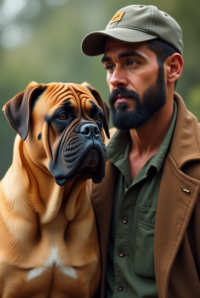 Animal Medium light brown dog, sharpei and boxer breed, with wrinkled face and muscular next to bearded man, short, short straight hair and thick eyebrows with a cap, similar to vallenato singer daniel calderon