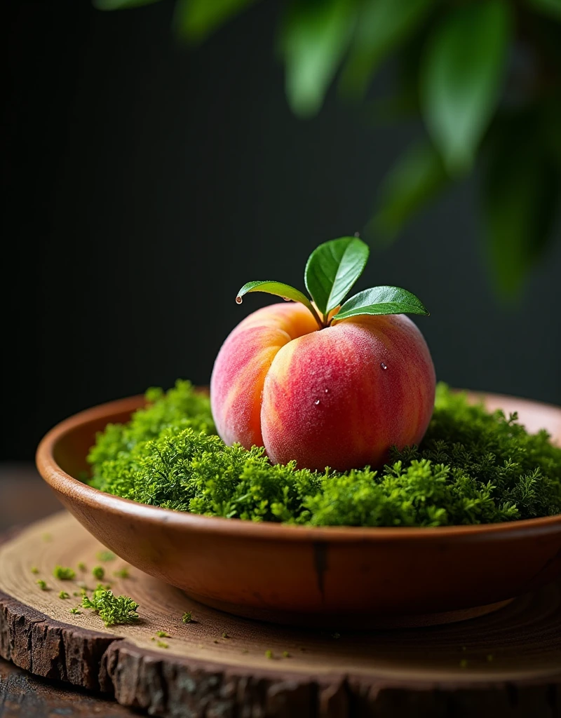 A rustic wooden bowl filled with lush moss and a single large, fresh honey peach, captured in exquisite high-end food photography style. The scene is set against an ancient forest backdrop, featuring a close-up of the plump, pink honey peach with dewdrops glistening on its surface. The peach, with two leaves still attached to its stem, nestles elegantly on the moss-covered wooden plate. Soft, diffused lighting and a dark background enhance the natural elegance, creating a visually striking atmosphere perfect for luxury dining.