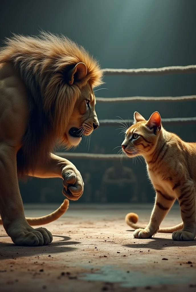 In the boxing ring, the lion and the cat face off with intense focus