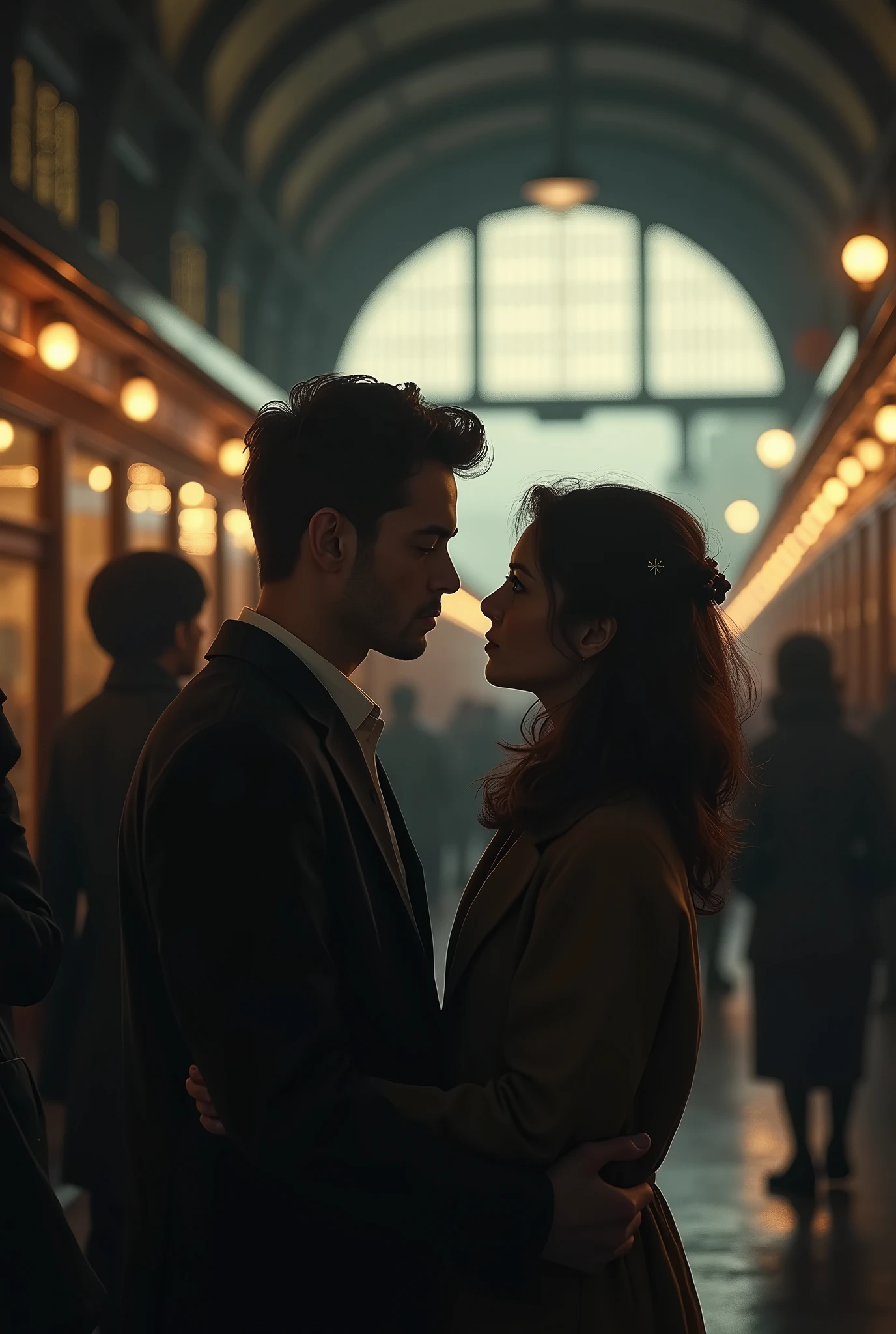 (photorealism:1.2), a couple of lovers waving goodbye to each other(Sad facial expression), at a train station, crowded with people, lights at night