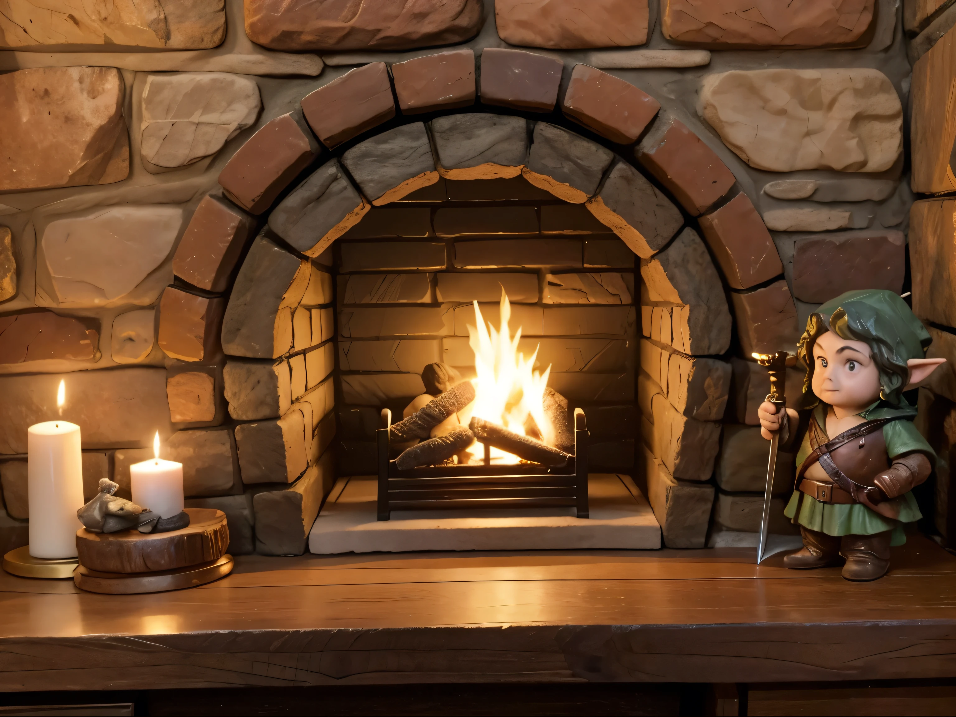 A cozy medieval stoned ROUNDED hobbit fireplace, a little statue of smeagle, a little statue of hobbit holding a sword, a hobbit LOR candle with ring, a cozy hobbit dor addornment, fantasy, magic, 8k quality