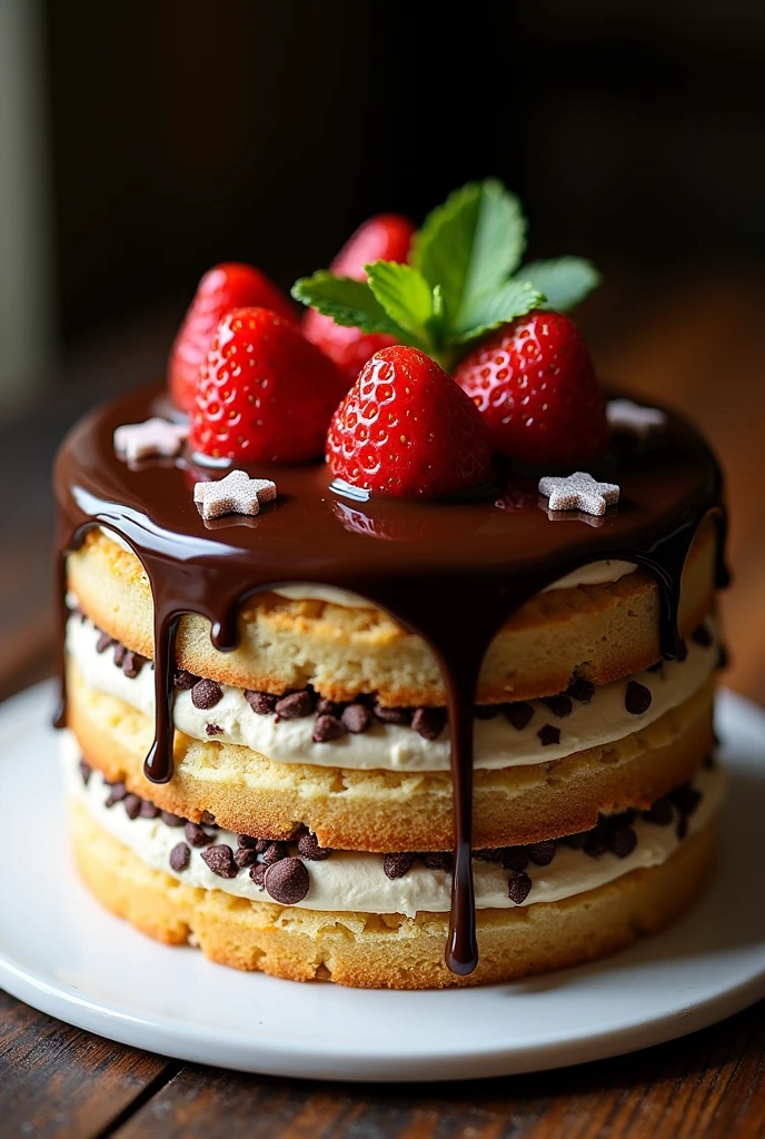 Ce gâteau est un délice sucré et moelleux, parfait pour célébrer la fête d'anniversaire pour Éric AKOUETE. Il est composé de plusieurs couches de génoise légère, alternant entre une saveur de vanille et une saveur de chocolat. La génoise est imbibée d'un sirop parfumé au rhum, qui ajoute une note chaleureuse et réconfortante.
La garniture entre les couches est une crème au beurre à la vanille, légère et onctueuse. Elle est parsemée de pépites de chocolat noir pour une touche de gourmandise supplémentaire. Sur le dessus du gâteau, une fine couche de glaçage au chocolat brillant recouvre le tout, décorée avec des motifs en spirale et des étoiles en sucre.
Pour la touche finale, des fraises fraîches et des feuilles de menthe sont disposées sur le dessus du gâteau, apportant une note fruitée et colorée. Ce gâteau est un hommage sucré et délicieux pour célébrer un père exceptionnel ! 🎂👨👧👦 Insiste sur le nom Éric AKOUETE