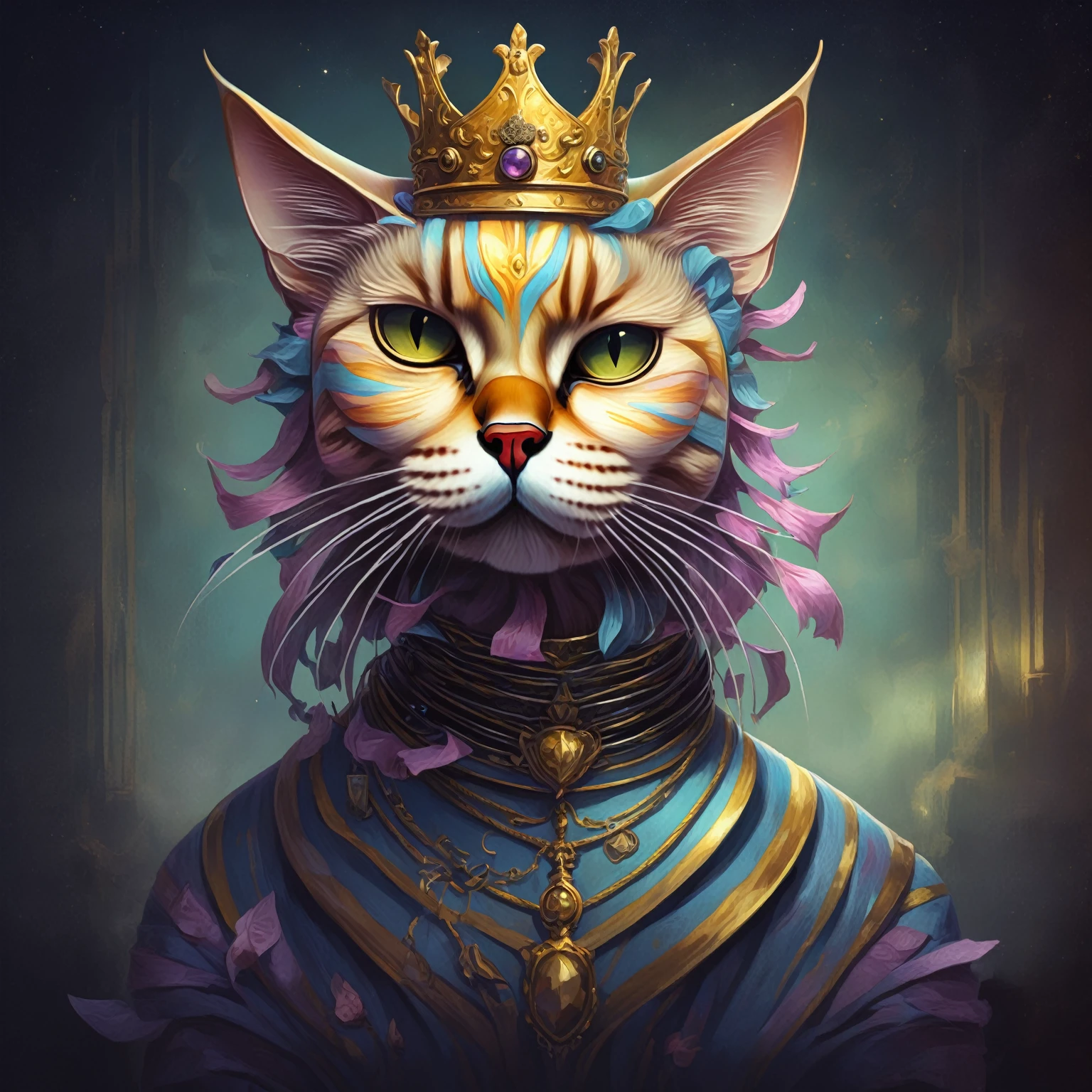 a painting by Aykut Aydogdu of a cat with a crown on its head, illustration of a cat, cheshire cat death tarot card, skeletal with extra fleshy bits, grim, an anthro cat, fleshy skeletal, whole cat body, by Muggur, vampire cat, cat design, by Muirhead Bone, anthro cat, skeleton, skelleton