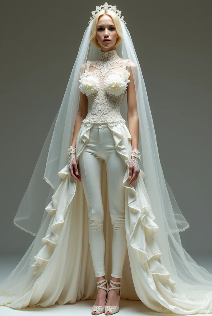 thin androgynous man, with blonde hair, rococo wedding dress. She wears a unique outfit that combines a dress with very tight dress pants.. The trousers are complemented by an impressive dress train that starts from the waist., conencaje. the top, a high neck with full lace at the waist, sleeveless short sleeves without transparencies, decorated with delicate ruffles and glassware details that add a touch of luxury. The ensemble is completed with a bridal veil in layers of more than five meters., elbow length lace gloves