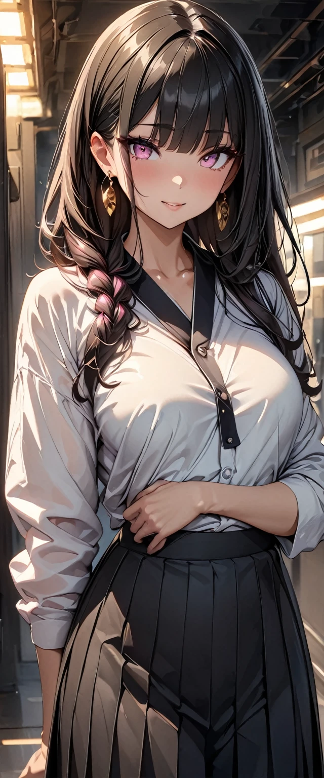 (Perfect Anatomy)、Mastepiece、Ultra High Quality、 8k、masterpiece、Highest quality、Ultra-high resolution、Maximum resolution、Very detailed、Professional Lighting、anime、Adult female、thin、so beautiful、Highly detailed eye、Highly detailed face、Golden earrings、Black Hair,、Pink eyes, , Braiding、Straight bangs、Hakama、Random Pause、whole body