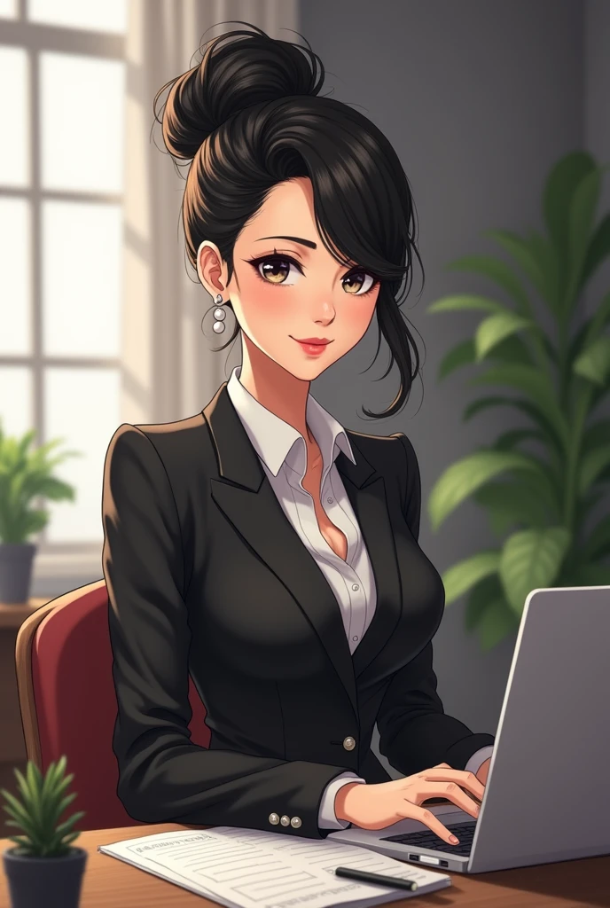 Depicts a customized mature woman as a successful entrepreneur。With the office in the background、Sitting in an office chair working on a laptop、Put the paper next to it、Put your hair in a messy bun、The clothes are black and white、It looks very expensive and classic.、With pearl earrings、Make it look like an anime。