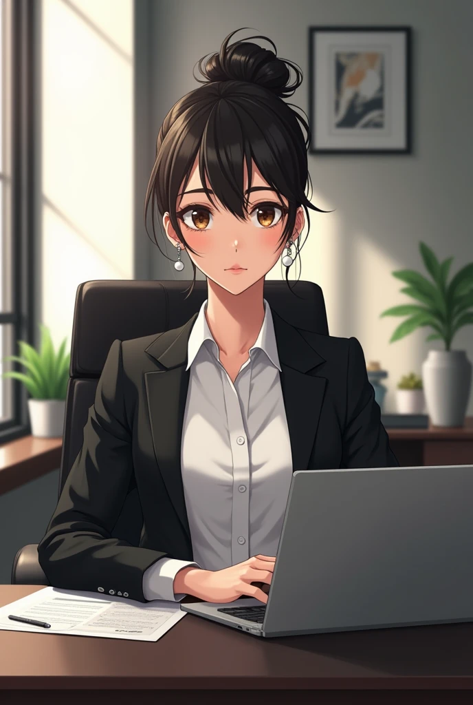 Depicts a customized mature woman as a successful entrepreneur。With the office in the background、Sitting in an office chair working on a laptop、Put the paper next to it、Put your hair in a messy bun、The clothes are black and white、It looks very expensive and classic.、With pearl earrings、Make it look like an anime。