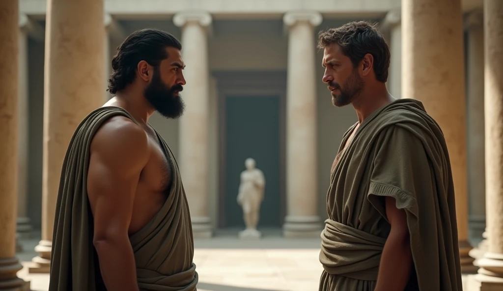 In a grand Roman forum, the scene captures a moment of intense emotional conflict between two male stoic philosophers. One philosopher, dressed in a classic tunic with a shoulder-revealing design in muted earthy tones—grey, brown, and olive green—displays an expression of raw anger and betrayal. His body language is tense and expressive, as he faces the other philosopher, who appears distant and regretful. The camera captures a medium shot with the betrayed philosopher in the foreground, his tunic subtly highlighting his physique. The background features the majestic Doric columns and the Forum’s grandeur, now cast in a colder, more subdued light to reflect the emotional shift. The shallow depth of field focuses on the contrasting emotions between the two characters, emphasizing the gravity of the betrayal and the strained atmosphere.
