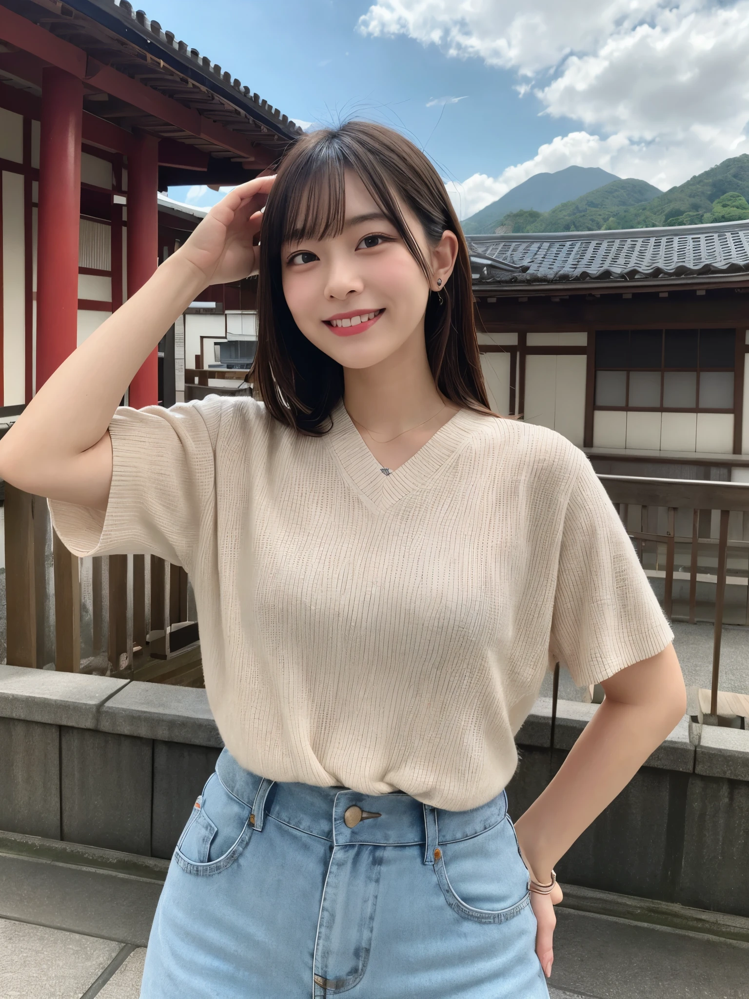 1girl, solo, highres, best_quality, masterpiece, detailed_background, intricate_details, beautiful, hiroshima, onomichi, senkoji_temple, hillside_view, casual_clothes, smile, looking_at_viewer, dynamic_pose, natural_pose, candid, happy