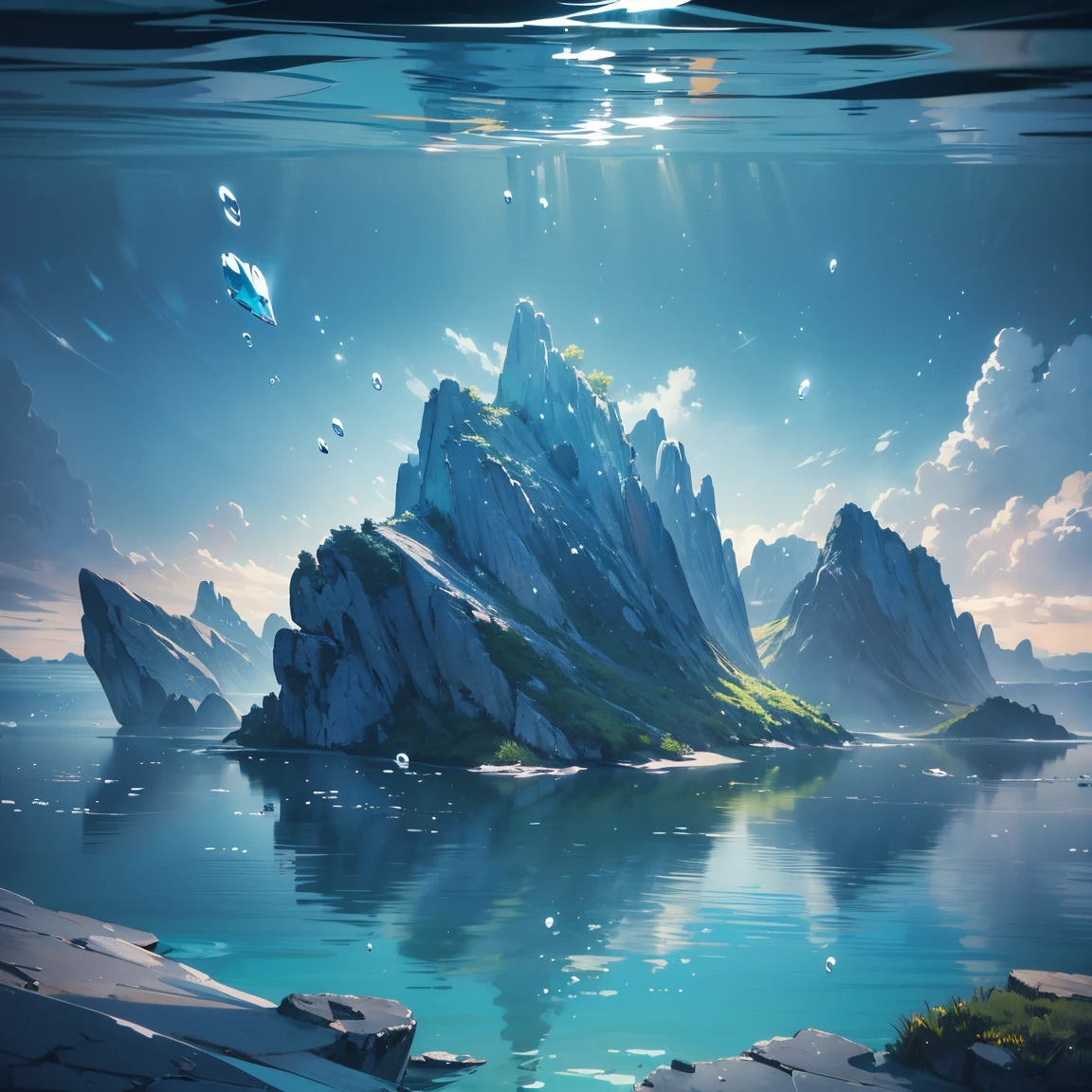 a serene underwater landscape, a calm sea of aquamarine waters, no ripples or waves, tranquil and peaceful water surface, detailed reflection of the sky, crystal clear water, deep aqua blue hues, photorealistic underwater scene, dramatic lighting, dramatic lighting, (best quality,8k,highres,masterpiece:1.2),ultra-detailed,(realistic,photorealistic,photo-realistic:1.37),HDR,UHD,studio lighting,ultra-fine painting,sharp focus,physically-based rendering,extreme detail description,professional,vivid colors,bokeh