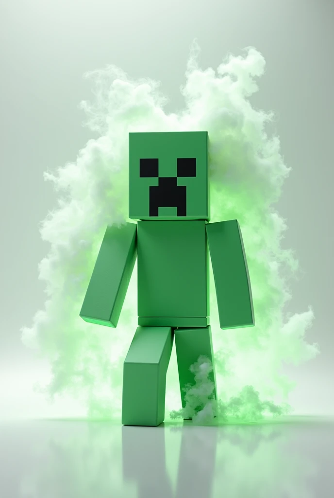 Minecraft creeper with smoke and green rays white background centered white floor