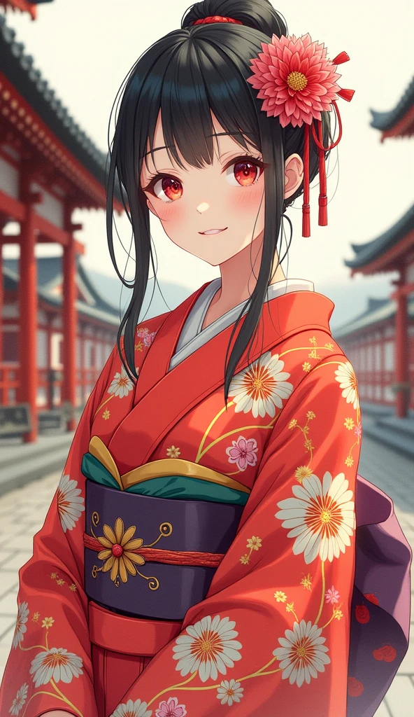 A beautiful young woman wearing brightly colored Japanese clothing、A charming expression、The upper white teeth are visible、Japanese clothing with red floral pattern on a white background、Colorful Japanese clothes、((SeaArt creates beautiful women in kimono))、Full Body Shot、background、Shrines and temples、The atmosphere is like that of a Japanese Ukiyo-e painting.、