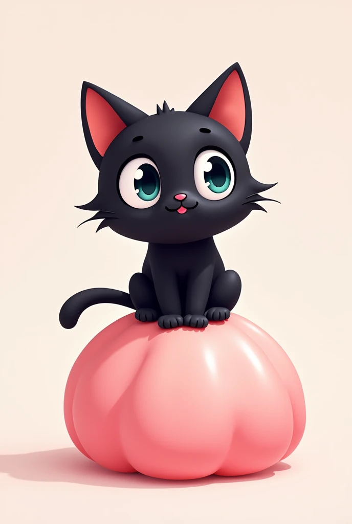a cat on top of a pink mochi , the cat that is a cartoon and black