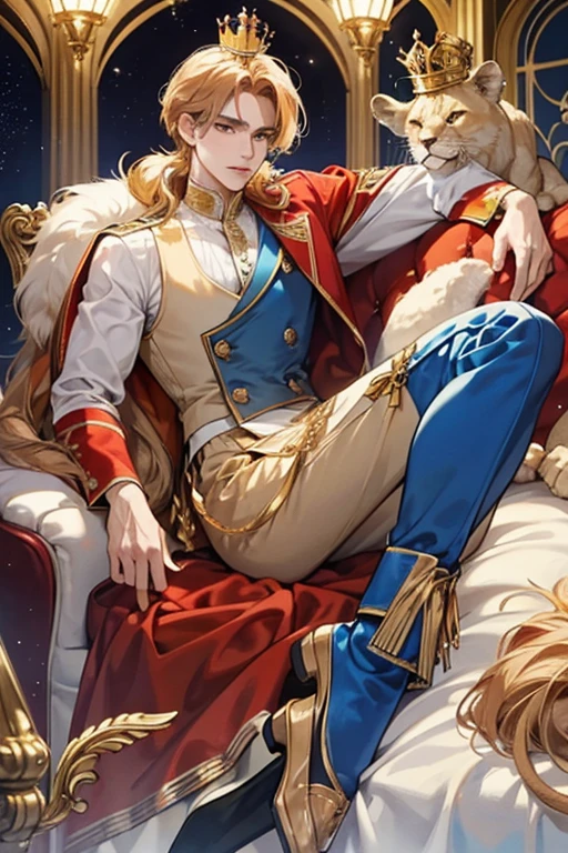 Alessandro is a beige lion. He has caramel hair with a lion tail.
He has a red top and vest with blue pants.
He comes with a gold crown and white shoes. SPARKLE; GLITTER