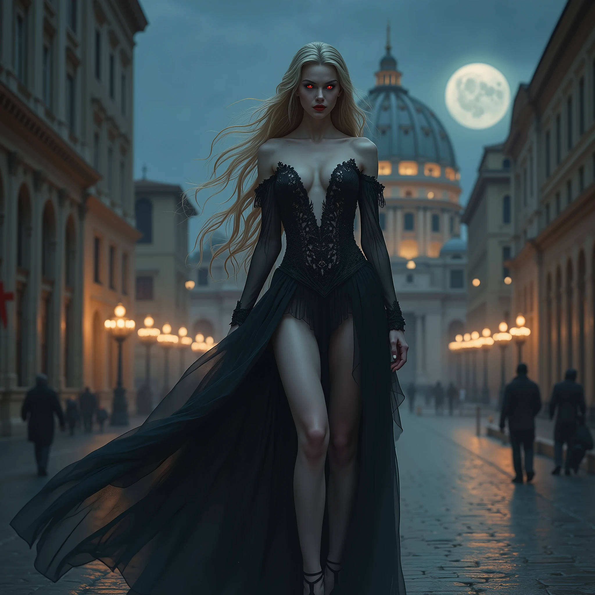 fantasy art, RPG art, photograph, RAW, (Ultra detailed: 1.5), Best Detailed, picture of a female vampire standing in St. Peter in the Vatican, an exquisite beautiful female vampire, full body, (best detailed face: 1.2), (grey skin: 1.2), red lips, (vampiric fangs1:1) (blood veins visible: 1.3), ultra feminine, blond hair, long hair, rich, flowing hair, wavy hair, red glowing eyes, wearing short dress, silk dress, intricate detailed dress, high heels, standing in St. Peter square in Vatican city, at night, full moon, stars in the sky, St. Peter square background, best quality, (extremely detailed), ultra wide shot, photorealism, depth of field, hyper realistic, 2.5 rendering,
