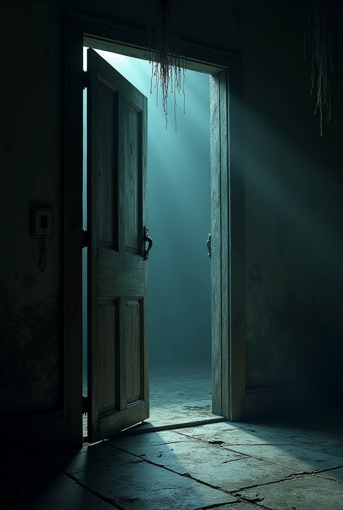 Make a realistic image of an open door leading to the scary basement at night