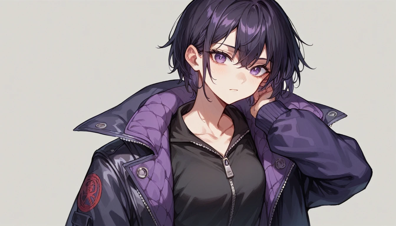 1 Frau, purple eyes, Purple black hair, wears 2 jackets, the 1 jacket is black and zipped up to the neck, the 2nd jacket is red and open 