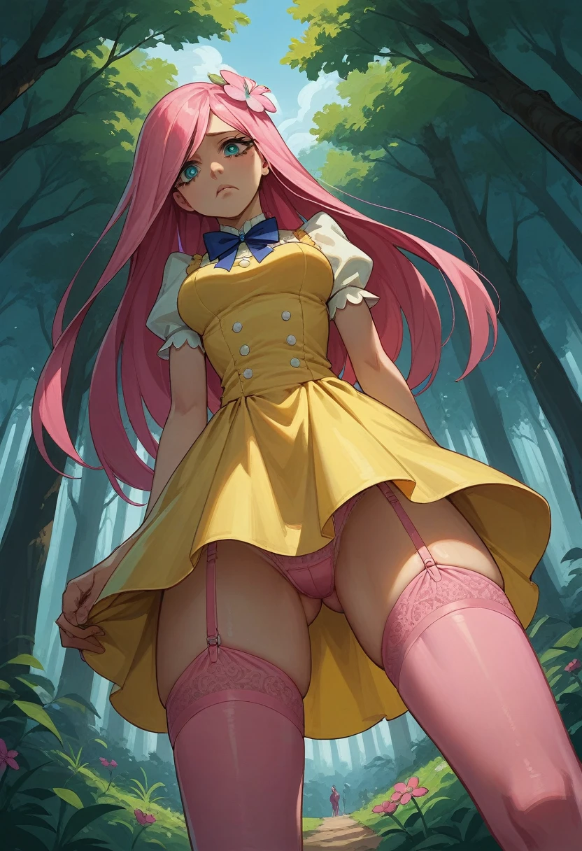 mlpfluttershy, sad, looking at the viewer, Lifts up her dress to show her sexy pink panty, pink thigh high stockings, garter belt in each stocking, hair flower, yellow dress, In a forest, from below, backwards, shows her buttocks, POV: I look at her. 