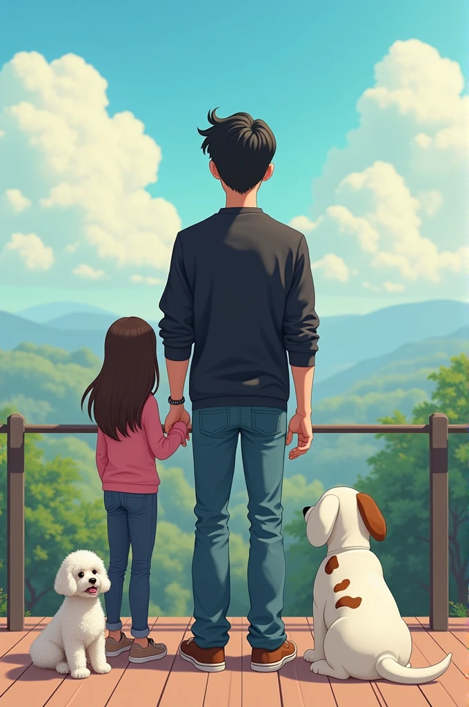 an animated image showing a tall young man, delgado, strong, moreno, black hair, dressed in jeans and a long-sleeved black shirt, to a young woman, long brown hair, short stature, slim, White skin, dressed in jeans and a pink shirt,sitting on a viewing platform accompanied by a white French poodle, small size, a medium-sized long-haired Maltese dog and a large-sized white female dog with brown spots on her back and brown ears 