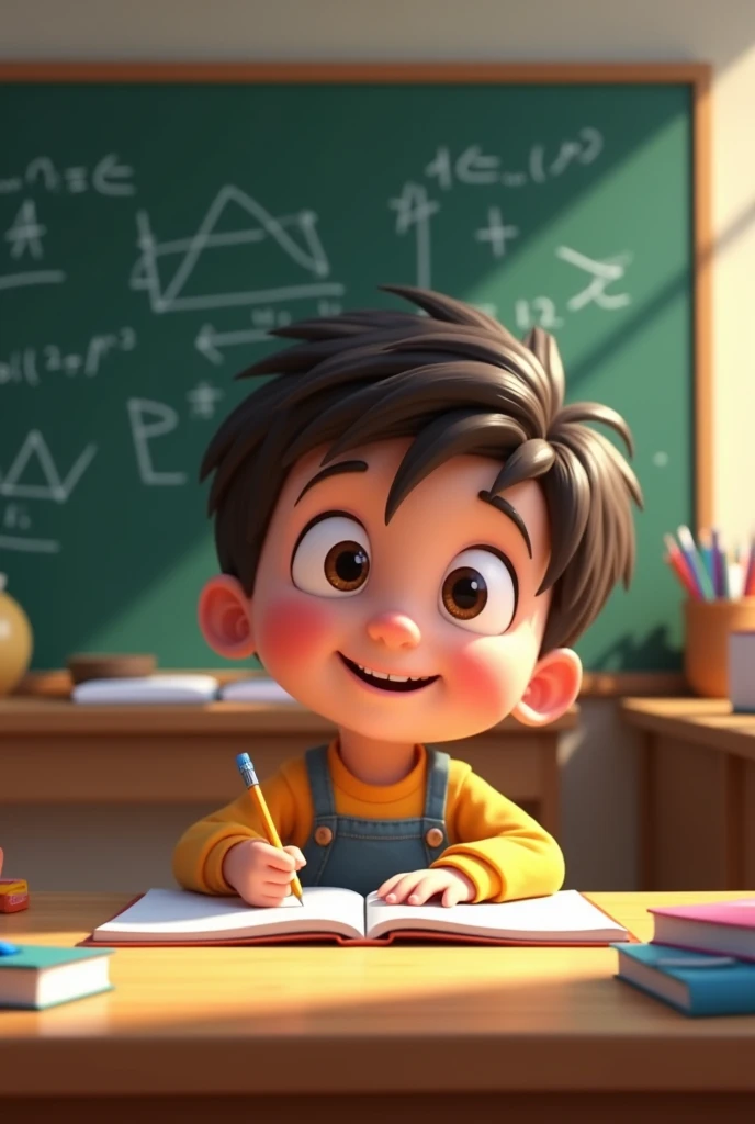 An animated child with his notebook open and a blackboard in the background containing a solved Pythagoras exercise