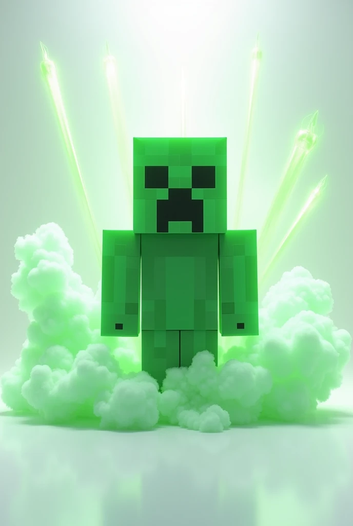 Minecraft creeper with smoke and green rays white background centered white floor