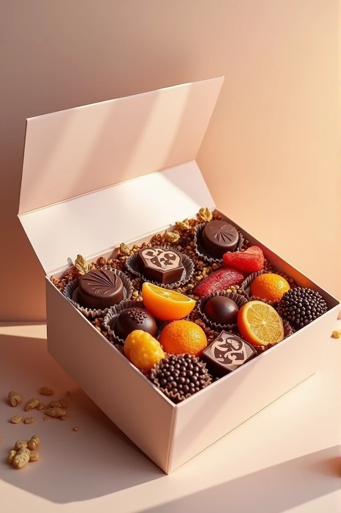 Gift box with portions of dried fruit and gourmet chocolate