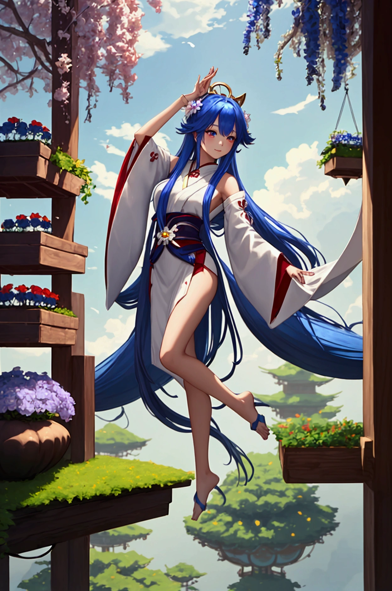 Magnificent View、Floating Island、Hanging Garden、Outdoor、Vision、View from afar、anime、High definition、Miko costume、Dancing in a garden full of flowers、Silver Hair(Long Hair、The top of the head is indigo blue、The ends of the hair are red.)、Sapphire Eyes