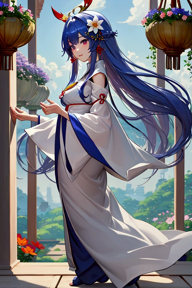 Magnificent View、Floating Island、Hanging Garden、Outdoor、Vision、View from afar、anime、High definition、Miko costume、Dancing in a garden full of flowers、Silver Hair(Long Hair、The top of the head is indigo blue、The ends of the hair are red.)、Sapphire Eyes