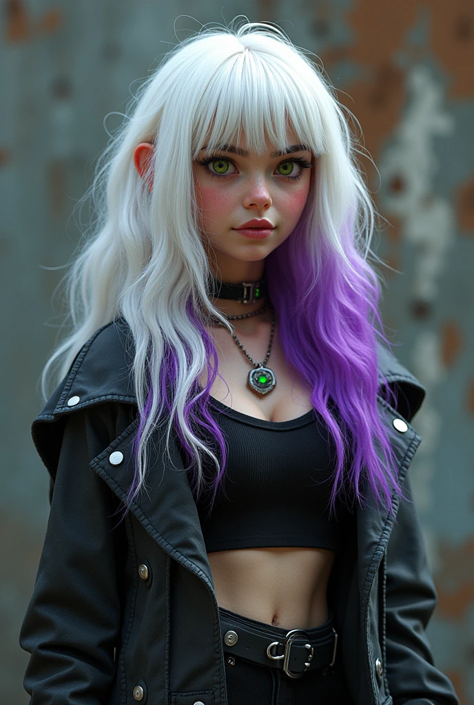 long hair, mullet style, white with purple tips; light green eyes; decent, average height, around 5'7"; chubby, curvy body; 90's grunge fashion