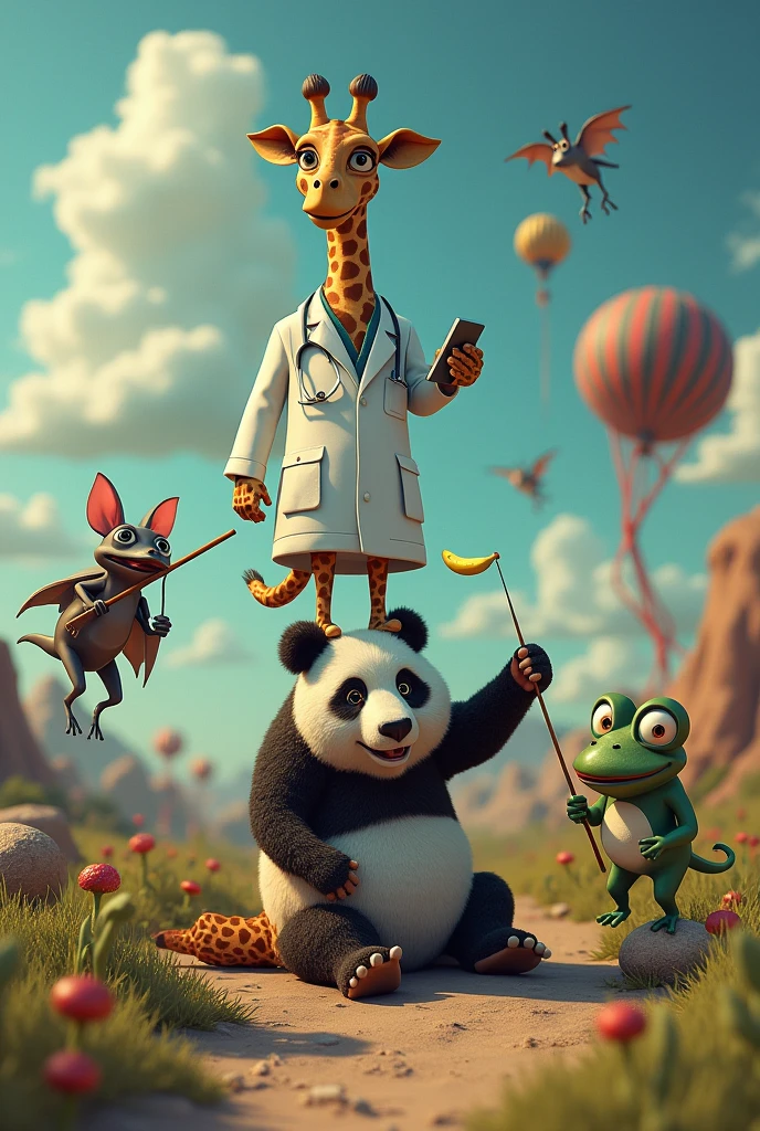 Giraffe doctor on top of a panda , who is playing call of duty and a bat catching a banana and a fat frog with a fishing rod 