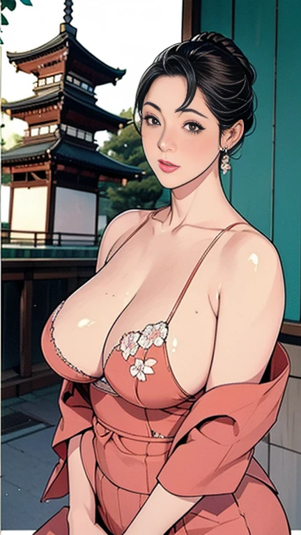 1,Japanese hairstyle,Photorealism,detailed,masterpiece,mature,((full)), (Broad shoulders), ((Huge)),(Japanese Furisode:1,Showing cleavage,look at your thighs,In beautiful Kyoto,smile,masterpiece,高品質のAn illustration,, An illustration:Zoe Mozart, pin up art byZoe Mozert, ヴィンテージpin up, ゾーイ・モザートによるAn illustration, girl pin up, pin up girl, pin upポスターガール, pin upガール, pin up, pin upガール,20-year-old girl、At the five-story pagoda, sexy