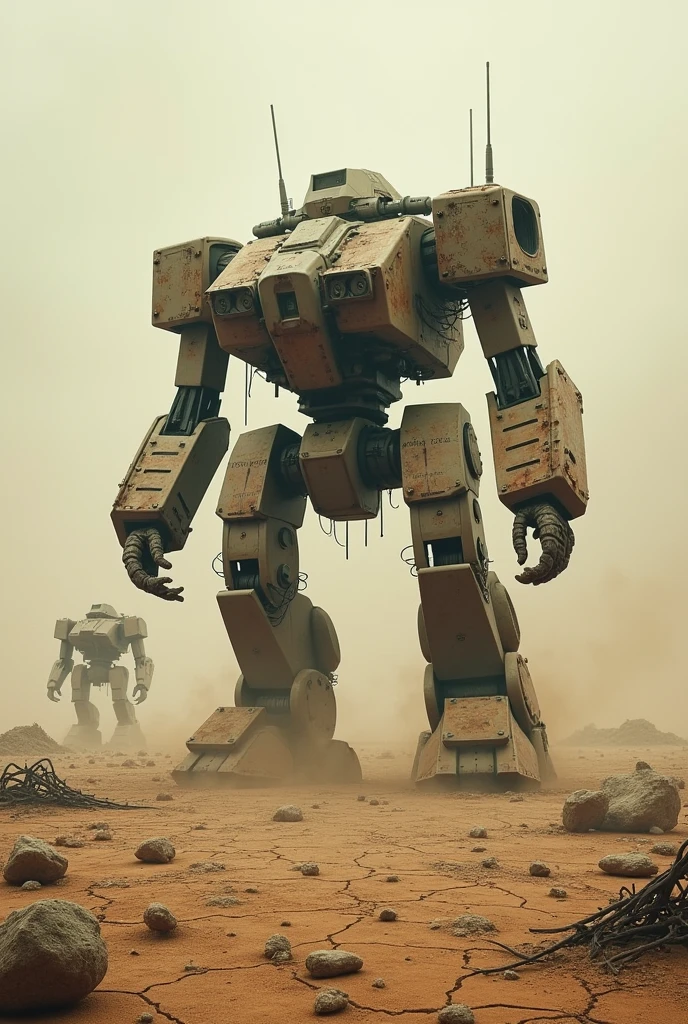 A barren and desolate world with not a single tree left, only the remains of war robots.