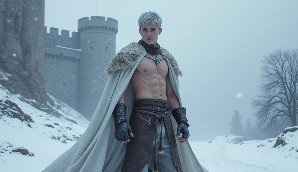 A targaryen prince ager boy with 145 years with silver short hair and purple eyes, Winterfell scenary, shirtless in the snow