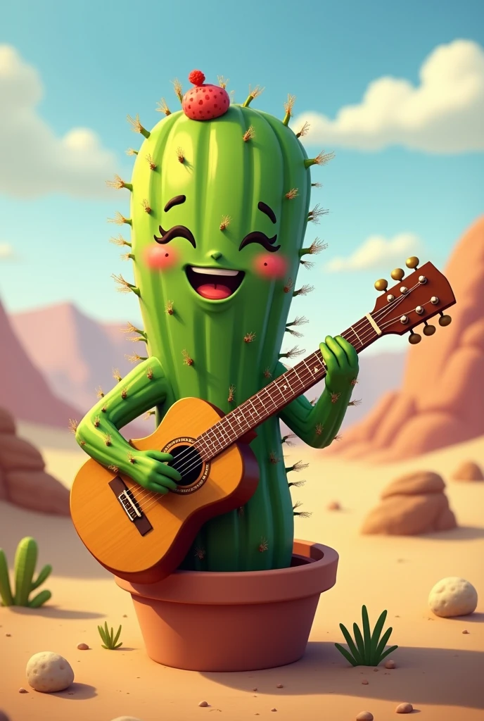 A happy male cactus playing guitar 