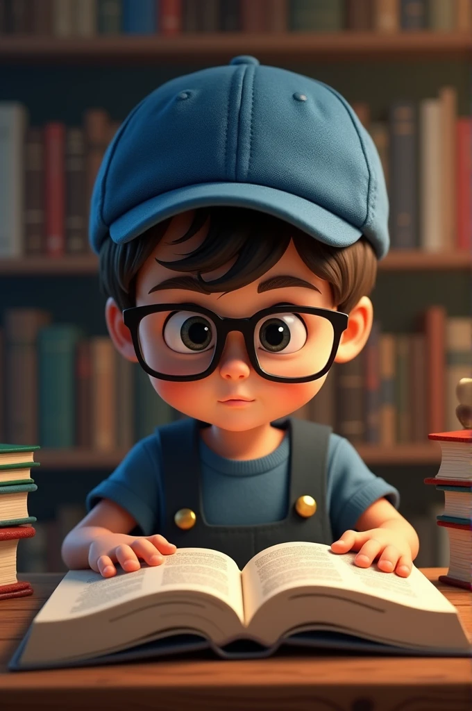 a child who appears to be five years old is wearing black glasses and a blue cap. He is reading a book in the library. There are many books on the desk. The child is looking straight ahead.