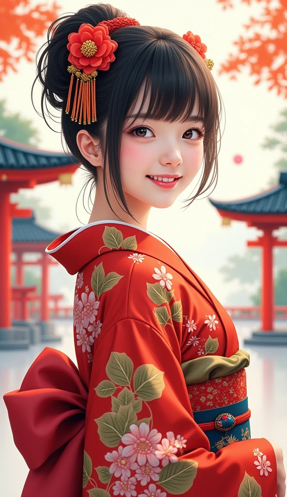 A beautiful young woman wearing brightly colored Japanese clothing、A charming expression、The upper white teeth are visible、Japanese clothing with red floral pattern on a white background、Colorful Japanese clothes、((SeaArt creates beautiful women in kimono))、Full Body Shot、background、Shrines and temples、The atmosphere is like that of a Japanese Ukiyo-e painting.、
