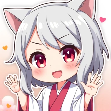 One Woman,Gray Hair,Cat ear,((Chibi Character)) ,Red eyes,,White kimono,OK sign hand,Proud face,smile,Enter your text in the bottom right corner of the fantasy image,A very popular font,