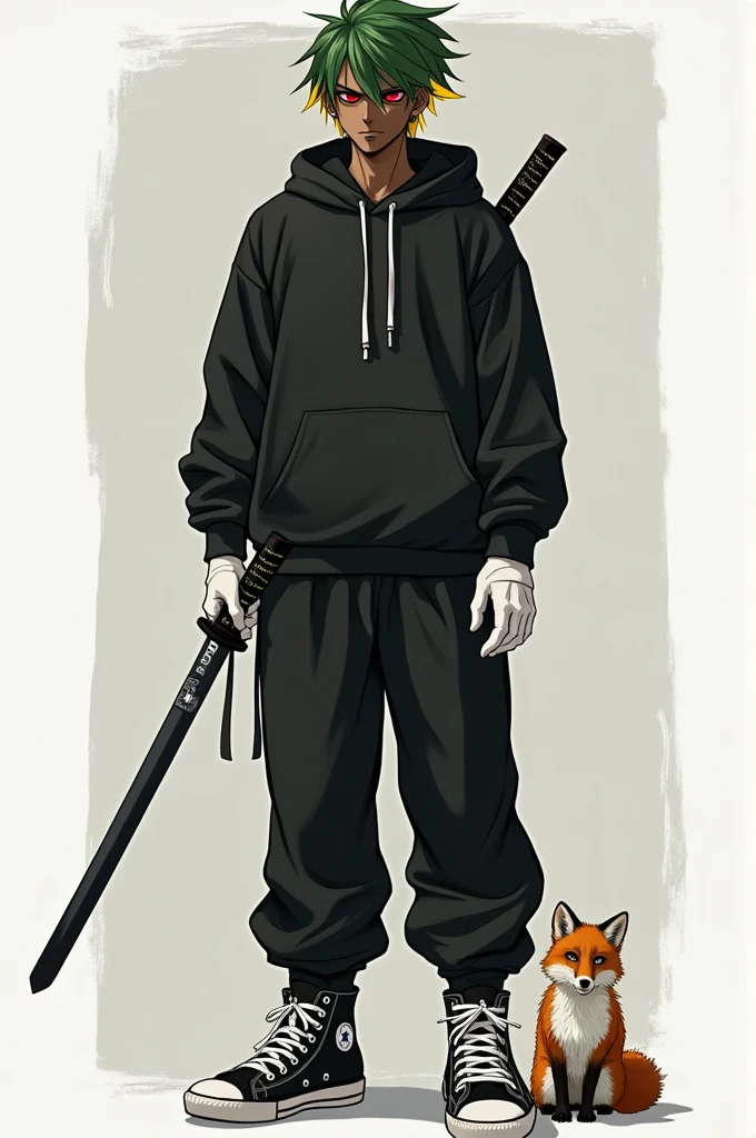 Man with green hair and yellow tips and red eyes with a katana, with a black sweatshirt with a hood and soft black pants with white gloves, dark skin tone, more clearly, with a psychopathic look, with some black and white tennis boots and 2 small knives, with a fox