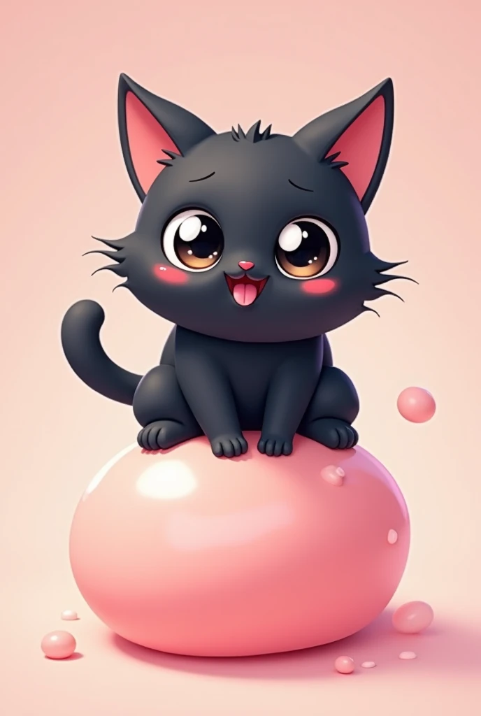 a cat on top of a pink mochi , the cat that is a cartoon and another black color
