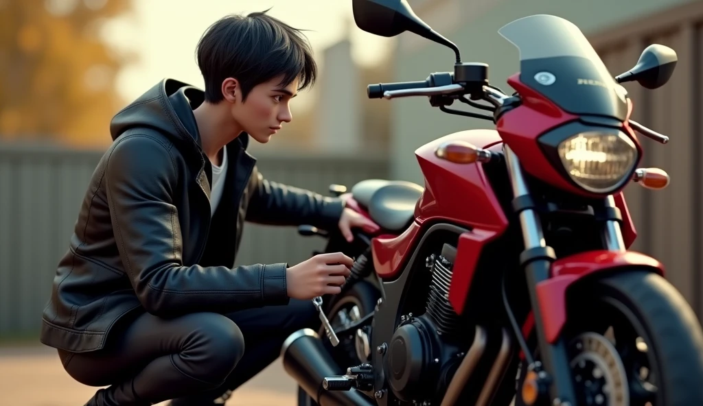 3D illustration animation A 20-year-old, thin, 1.80-meter-tall young man with his black Honda CB1500cc motorcycle, wearing a complete black jacket with a sports helmet. turning on the motorcycle starter. insert the key(On starter key)(hand inserts key)
focus zoom on the keyhole Honda sport CB1500cc motorcycle engine is on ready to go.Being in the yard