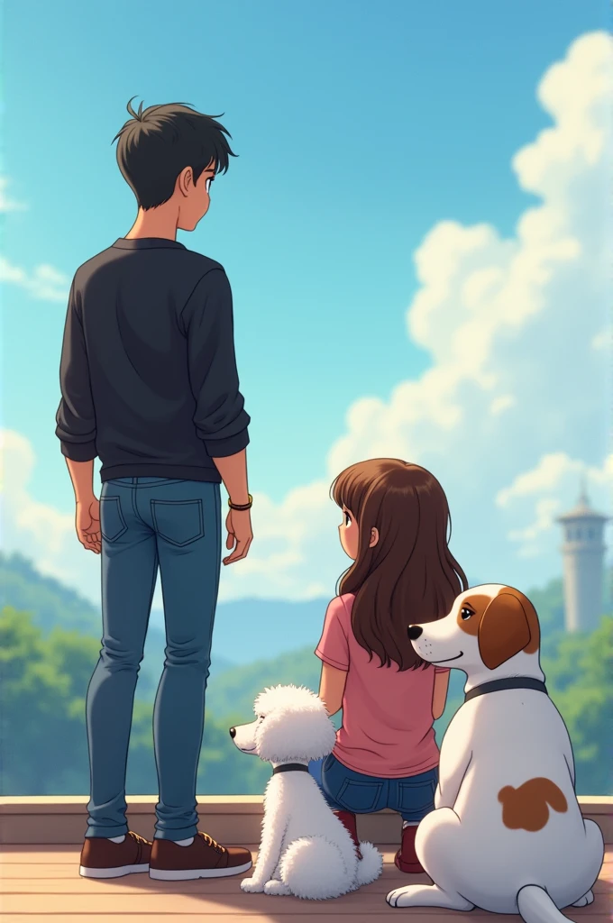 an animated image showing a tall young man, delgado, strong, moreno, black hair, dressed in jeans and a long-sleeved black shirt, to a young woman, long brown hair, short stature, slim, White skin, dressed in jeans and a pink shirt,sitting on a viewing platform accompanied by a white French poodle, small size, a medium-sized long-haired Maltese dog and a large-sized white female dog with brown spots on her back and brown ears 