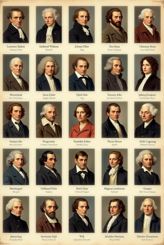 Give me a sheet of paper with the image of these 20 characters 1. Isaac Newton (1643-1727)
2. Gottfried Wilhelm Leibniz (1646-1716)
3. Leonhard Euler (1707-1783)
4. Joseph-Louis Lagrange (1736-1813)
5. Pierre-Simon Laplace (1749-1827)
6. Carl Friedrich Gauss (1777-1855)
7. Augustin-Louis Cauchy (1789-1857)
8. Bernhard Riemann (1826-1866)
9. Niels Henrik Abel (1802-1829)
10. Evariste Galois (1811-1832)
11. Simeon Denis Poisson (1781-1840)
12. Charles-François Sturm (1803-1855)
13. Jakob Bernoulli (1654-1705)
14. Johann Bernoulli (1667-1748)
15. Daniel Bernoulli (1700-1782)
16. Leonhard Euler (1707-1783)
17. Colin Maclaurin (1698-1746)
18. Brook Taylor (1685-1731)
19. James Stirling (1692-1770)
20. Jean le Rond d'Alembert (1717-1783)