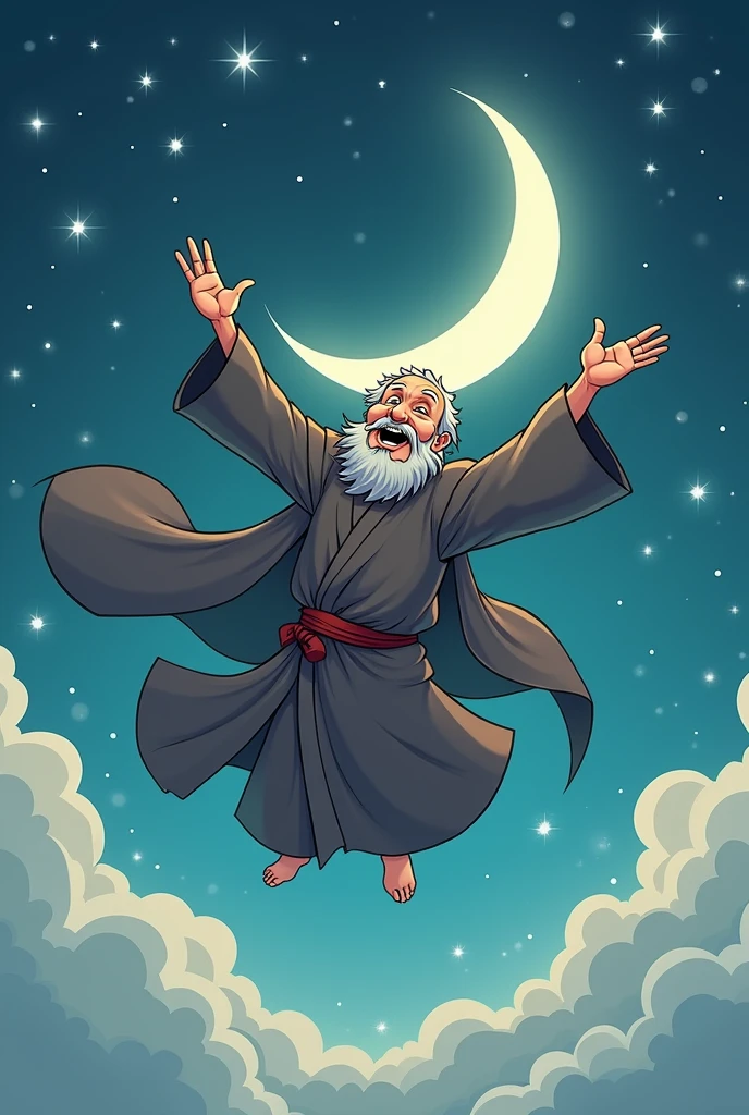 Cartoon version of a middle-aged man wearing gray monk clothes with infinite strength flying to the moon