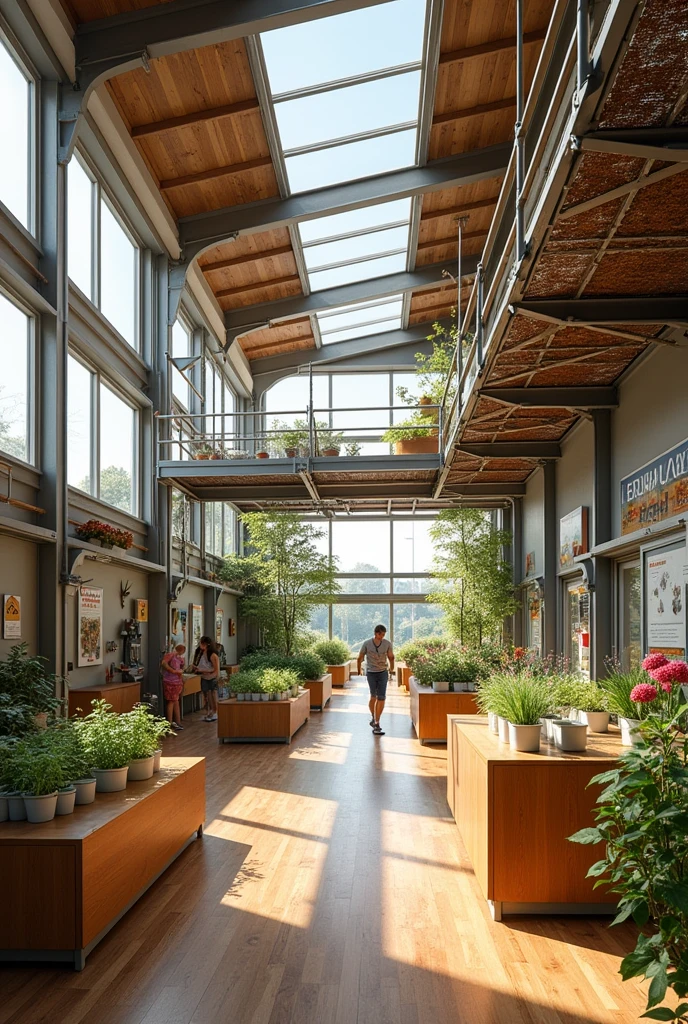 Interior of an architectural agriculture education space for older people built only with steel scaffolding 