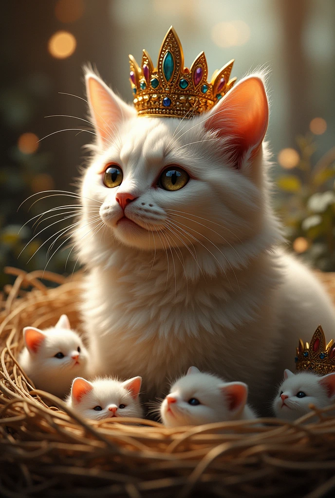 make a cat with king's crown with a lot of empathy for adults and nests
